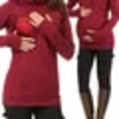 Momyknows Hooded Solid Color Long Sleeve Baby Shower Maternity Daily Nursing Sweatshirt - Wine Red / S