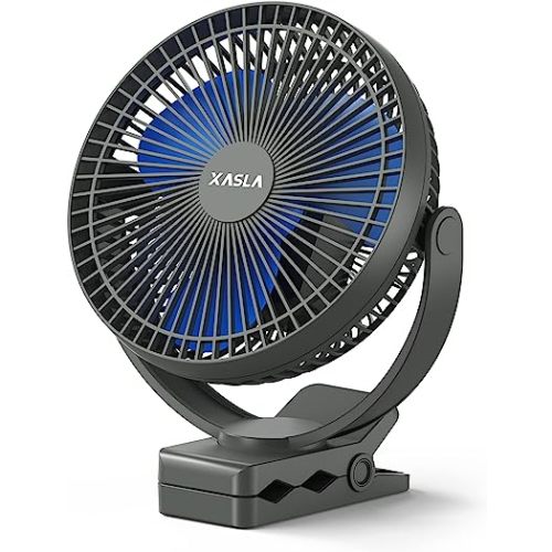 xasla 10000mAh Portable Rechargeable Clip on Fan, 8-inch Battery Operated, 4 Speeds, 24 Hours Work Time for Outdoor, Camping, Golf Cart, Home & Office Use (Blue)
