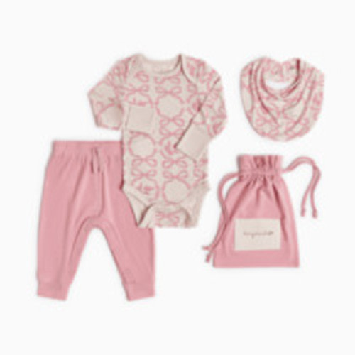Tiny Kind Bamboo Viscose 3-Piece Outfit Set-Long Sleeve Bodysuit, Pants & Bib - Pink Bows, 3-6 M