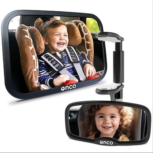Onco Baby Car Mirror Rear Facing - Double Award-Winning Convex Car Mirror for Baby, 100% Shatterproof & Shakeproof with 360° Rotation, Newborn Essentials (9.6 x 6.9 in)