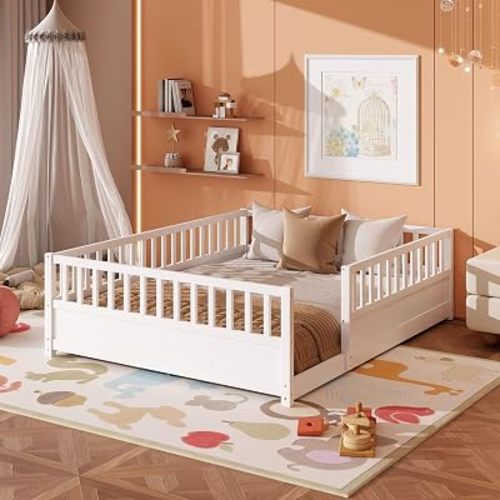 Bellemave Queen Floor Bed Frame with 21.4" High Fence, Solid Wood Queen Montessori Floor Bed for Kids, Low to Ground Full Enclosure Platform Beds, No Box Spring Needed, White