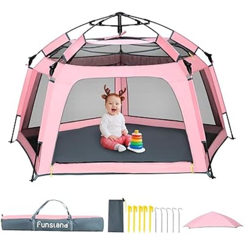 Baby Playpen Pop-up Tent - Outdoor & Indoor Play Tent for Beach with Canopy Travel Bag Portable Play Yard for Babies & Toddlers (Pink)