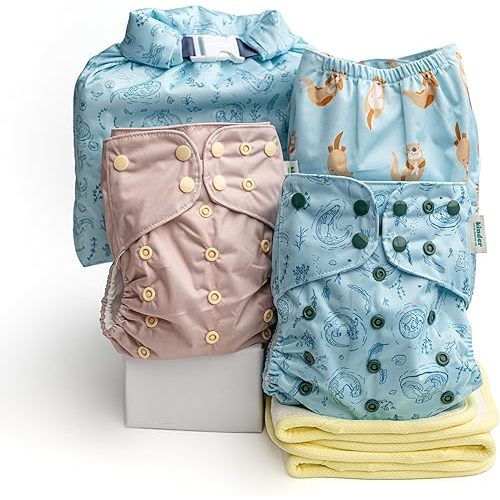 Kinder Cloth Diapers Reusable Baby Diapers Pocket Style Athletic Wicking Jersey, Bamboo Viscose Inserts, Wet Bag, Newborn to Potty Training 7-60lbs, One Size (Otterly Sweet, 3 Pack, with Inserts)