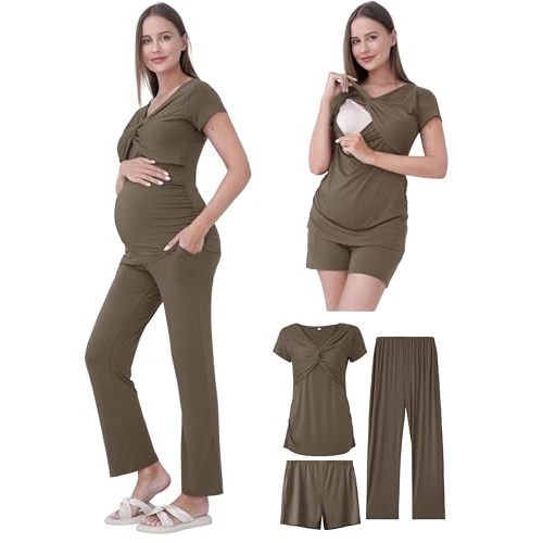QUNISY Maternity Nursing Pajamas Set 3PCS, Breastfeeding Tops, Adjustable Shorts & Pants, Postpartum Hospital Bag Essentials