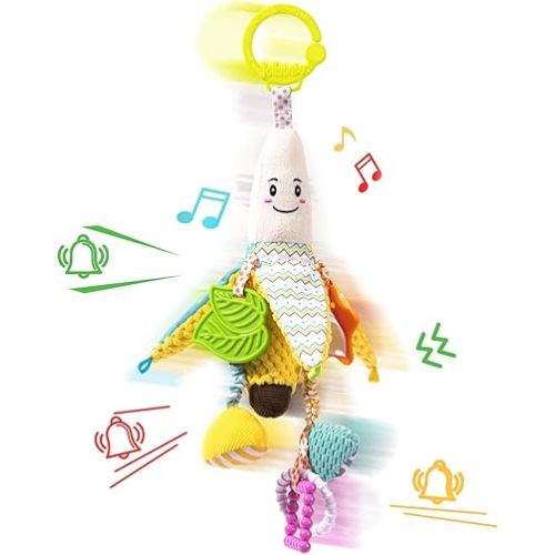 Jollybaby Stroller Rattle Toys for Car Seat Parm, Fruit Plush Hanging Infant Crib Bed Travel Activity Ring Bell with Crinkle, Squeaky & Teether for Boys Girls(Banana)