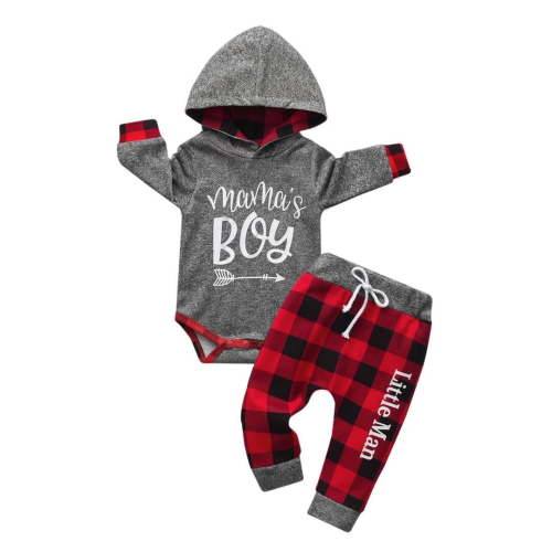 Newborn Infant Baby Boy Clothes Long Sleeve Stripe Romper Hooded Grid Pants Outfits Set Red 3-6 Months