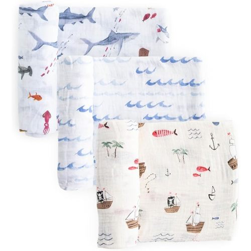 Little Unicorn Premium Muslin Swaddle Blanket 3 Pack | for swaddling, Play, Nursing & More | Giftable Set of 3 (Shark 2)