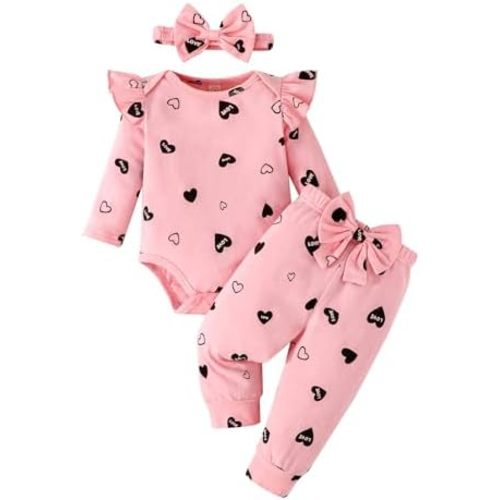 Newborn Baby Girl Clothes Outfit Set Sweet Ruffle Romper, Pants and Headband 0 3 6 9 12 18 Months Infant Clothing