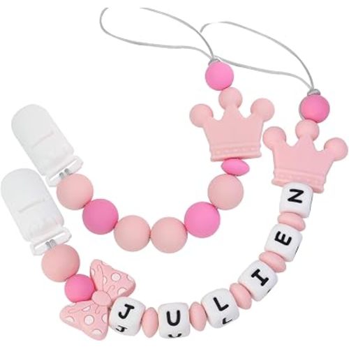 Personalized Pacifier Clip with Name, Customizable Pacifier Clip (2 Pack) (Crown-Pink)