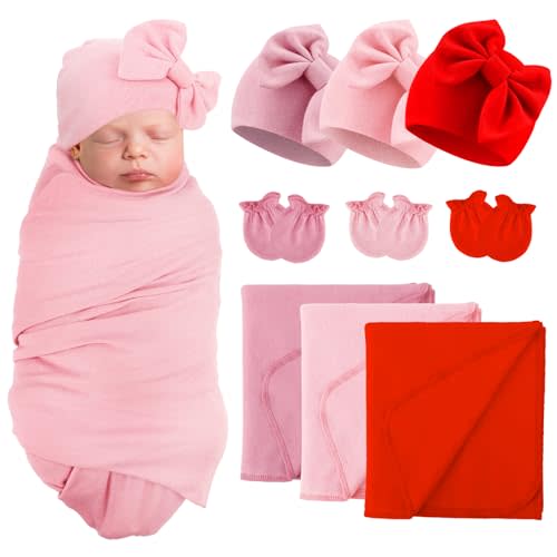 AQOKKA Baby Swaddle Blankets with Bow Hat Mittens Set Infant Receiving Blankets Swaddles for Newborns Unisex Toddler Swaddle Wrap Sets for Baby Girls Boys Nursery Warm Shower Gift