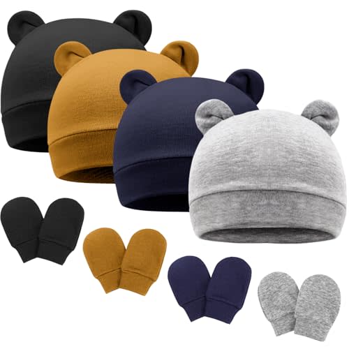 Newborn Baby Hat and Mittens Set Bear Ears Toddler Infant Beanie Caps Newborn Hospital Hat for Baby Boy Girl 0-3 Months