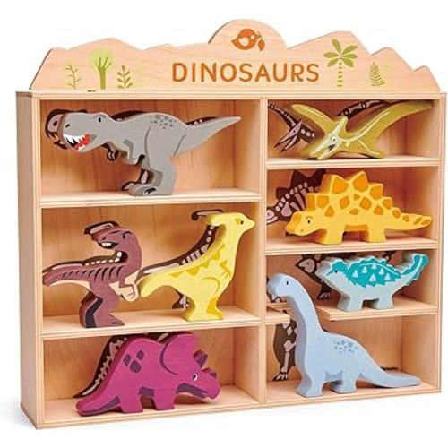 Tender Leaf Toys Dinosaur Animals – 8 Wooden Prehistoric Figurines with a Display Shelf - Classic Toy for Pretend Play – Develops Creative & Imaginative Skills – Learning Role Play – Ages 3+ Years