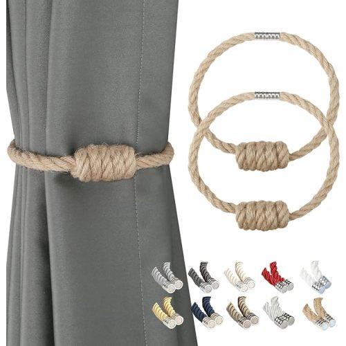 BEL AVENIR Magnetic Jute Curtain Tiebacks, Decorative Drapery Holdbacks Bohemian Style Woven Tie-Backs with Exquisite Knot (Jute, 2 Pack)