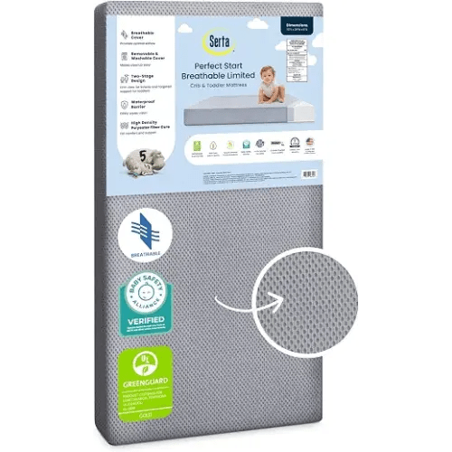 Serta Perfect Start Breathable Limited Two -Stage Crib Mattress and Toddler Mattress - Breathable Cover and Fiber Core, Machine Washable Cover, Waterproof, 7 Year Warranty, Made in USA