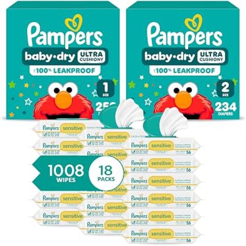Pampers Baby Dry Disposable Baby Diapers Starter Kit (2 Month Supply), Sizes 1 (252 Count) & 2 (234 Count) & Sensitive Water Based Baby Wipes 12X Flip-Top Packs (1008 Count) [Packaging May Vary]