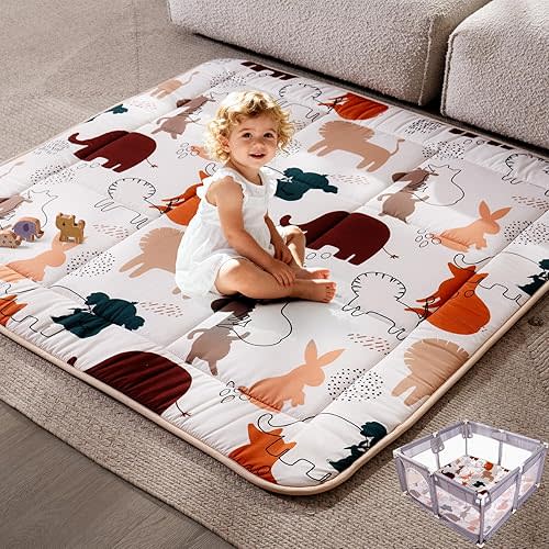 TILLYOU Waterproof Baby Play Mats for Floor, 50x50 Playpen Mat, Playmats Extra Thick for Babies and Toddlers, Foldable Baby Crawling Mat for Playpen, Forest Animals