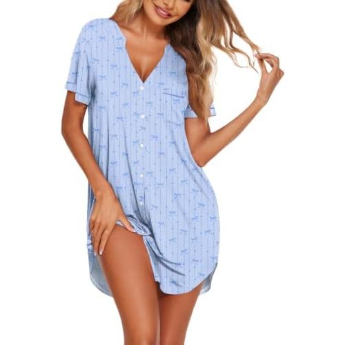 Ekouaer Nightgowns for Women Button Down Night Gown Short Sleeve Sleepshirt