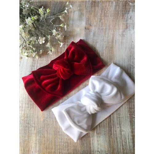 Baby & Toddler Christmas Velvet Girl Bow Headband, Red or White Chunky Top Knot Adjustable Holiday Headwrap, Set of 2 Soft Stretchy Hair Bow