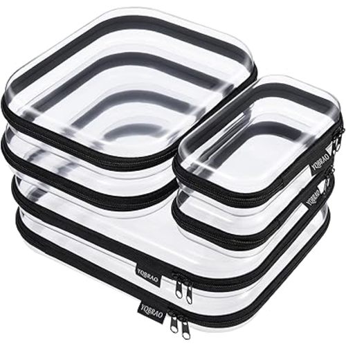 6 Pack Clear Hard Shell Zipper Case, See-Through Hard Plastic Organizer Pouches with Zipper for Travel, Toiletries, Makeup, Electronics & Pencils - Crush-Resistant Storage (Black)