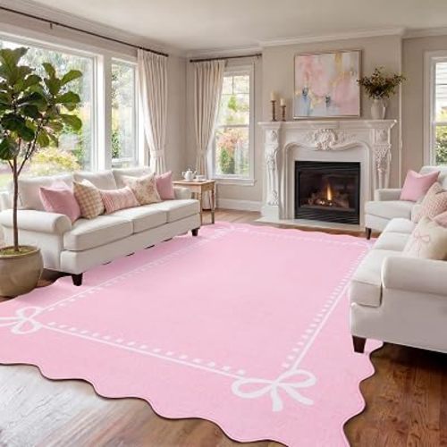 Garvee Scalloped Bow Rug for Living Room Washable Solid Pink 5x7 Area Rugs