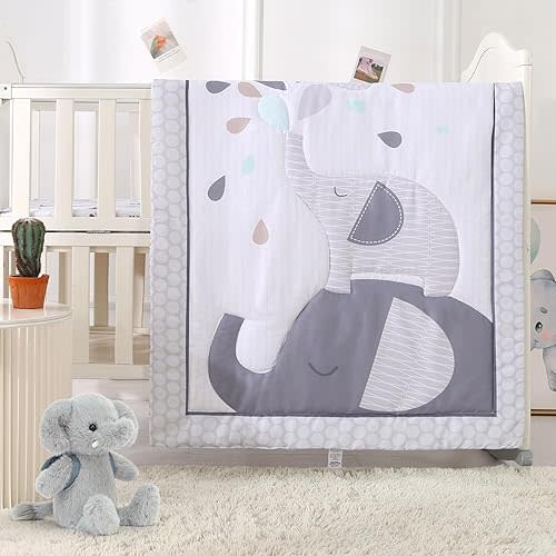 Wowelife Mini Crib Bedding Set for Boys, Premium 3 Piece Elephant Baby Crib Bedding Set, Baby Nursery Comforter Bed Set with Crib Comforter, Skirt and Sheet, Gray