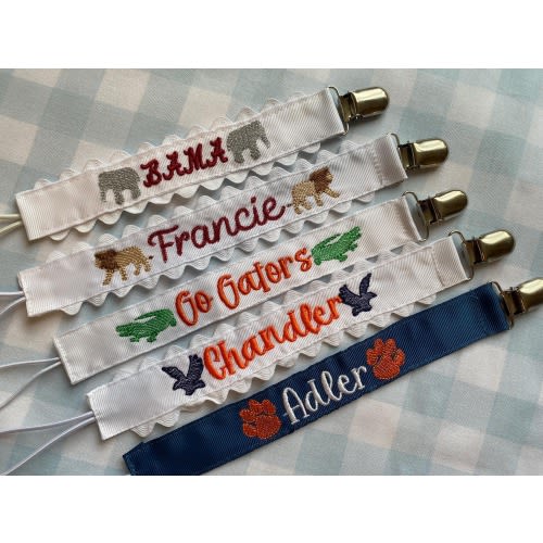 Personalized Collegiate Mascot Pacifier Clip: Embroidered Paci Leash