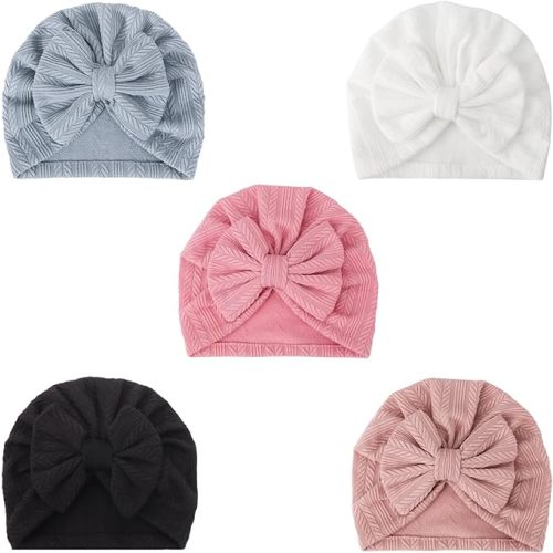 DRESHOW BQUBO 5 Pieces Newborn Baby Turban Hats Bow Baby Infant Beanie Breathable Toddler Cap for Baby Girls
