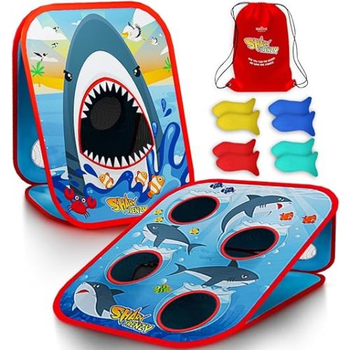 Swooc Games® - Shark Frenzy™ | 2-in-1 Bean Bag Toss Game for Kids | 5-Second Setup Toddler Party Games for Kids | Toddler Outdoor Fun | Corn Hole Shark Toys for Boys | Cornhole Game Set Outside