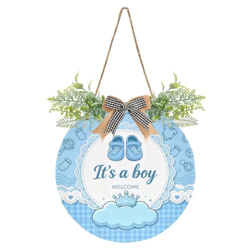 Exnundod Welcome Home Door Sings Wreath Door Hanger It's A Boy | Leaves with Plaid Bow, 12 inches Welcome Baby Shower Round Door Sign Porch Outdoor Decorations Housewarming Gifts