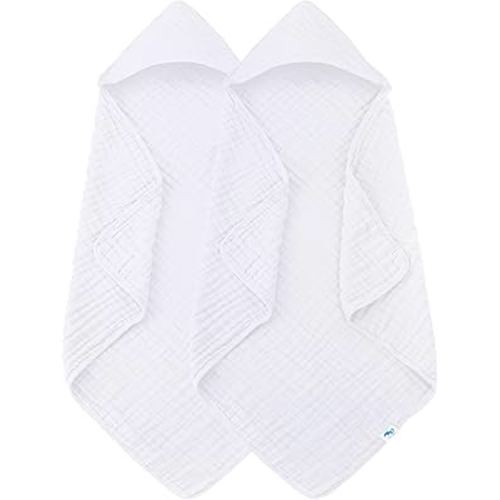 SWEET DOLPHIN Muslin Hooded Baby Bath Towels - 2 Pack 100% Cotton Towel for Babies, Infants, Toddlers - 32x32Inch - Highly Absorbent and Newborn Essential, White