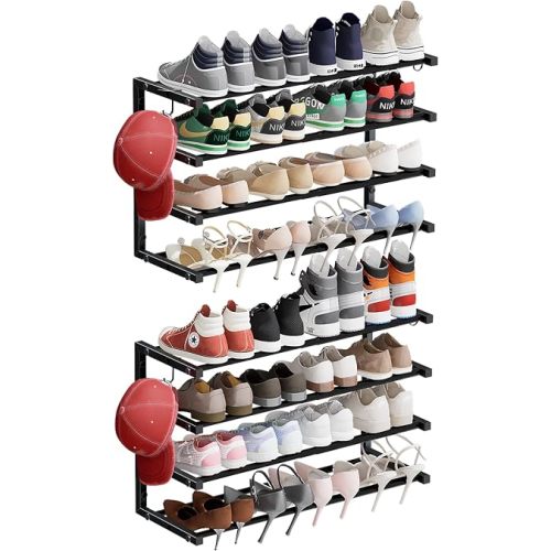 2 Pack Wall Mounted Shoe Rack, 4 Tier Hanging Shoe Rack Holds 32 Pairs, 17"-30"Adjustable Heavy Duty Wall Shoe Shelf with 4 Storage Hooks, Space Saving for Closet Entryway, Black, Patent Pending