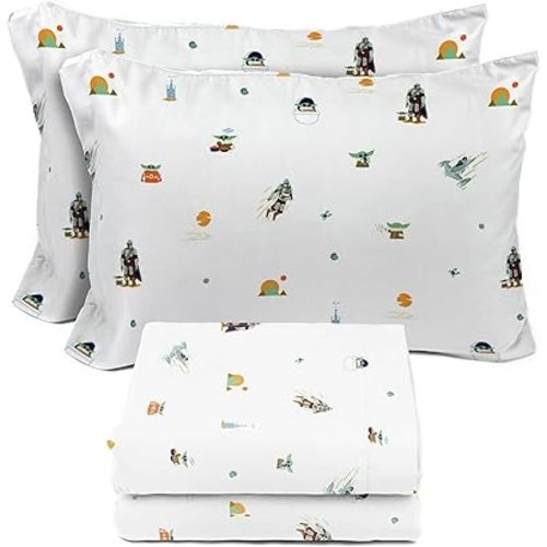 Sunny Side Up Kids Sheet Set with Fitted, Flat Sheets & Pillow Cover - Ultra-Soft Bedding with Pillowcase for Room Decor, White - The Mandalorian, 4 Piece Full