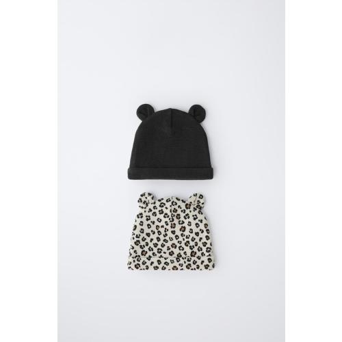 TWO-PACK OF WAFFLE KNIT EAR HATS WITH ANIMAL PRINT - Ecru | ZARA United States