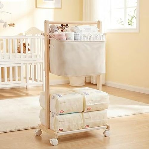 Woodtoe Baby Diaper Caddy Cart with Movable Storage Organizer, Natural Newborn Nursery Essentials, Mobile Utility Cart with Wheels for Nursery, Bedroom, Changing Table & Crib, Gifts for Baby Shower