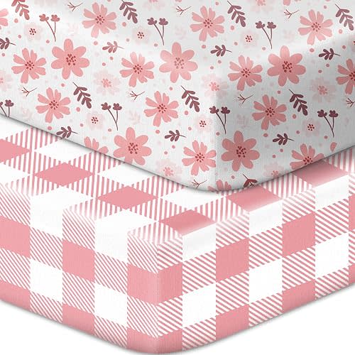Baby Crib Sheets 2 Pack for Boys and Girls, Soft Microfiber Breathable Baby Sheet, Fits Standard Crib Toddler Mattress 28x52x8in(Floral & Pink Plaid)