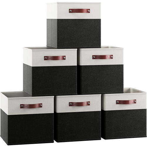 Ornavo Home Foldable Collapsible Storage Box Bins Linen Fabric Shelf Basket Cube Organizer with Leather Handles - Set of 6 - 11 x 11 x 11 - White/Black