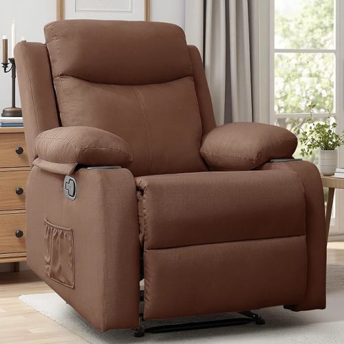 Recliner Chair, Small Recliners for Small Spaces, Manual Recliner, Reclining Chair with Cup Holders and Side Pockets, Chairs for Living Room, Bedroom, Nursery, Brown