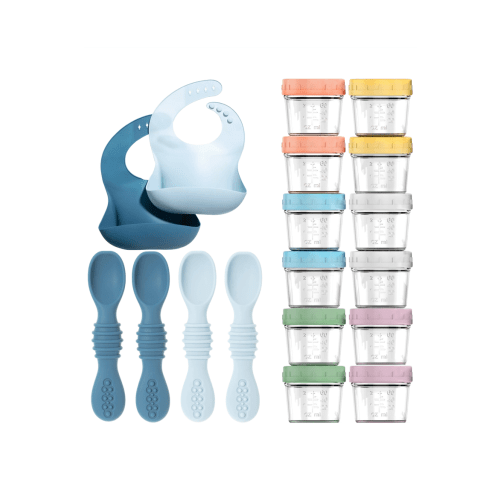 Glass Baby Food Storage Jars, Silicone Baby Spoons and Bibs Set
