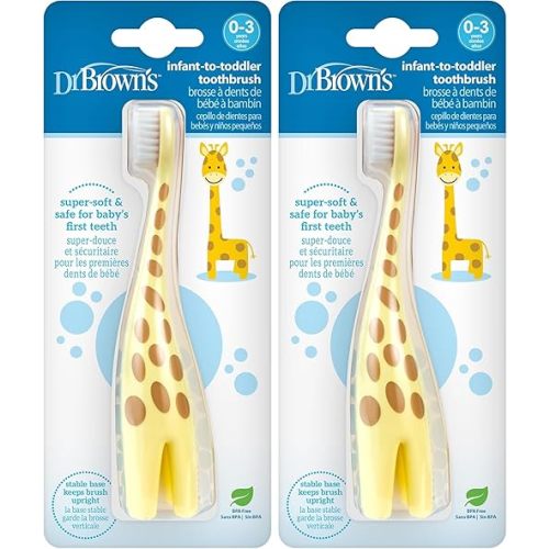 Dr. Brown's Infant-to-Toddler Training Toothbrush, Soft for Baby's First Teeth, Giraffe, 0-3 Years (Pack of 2)