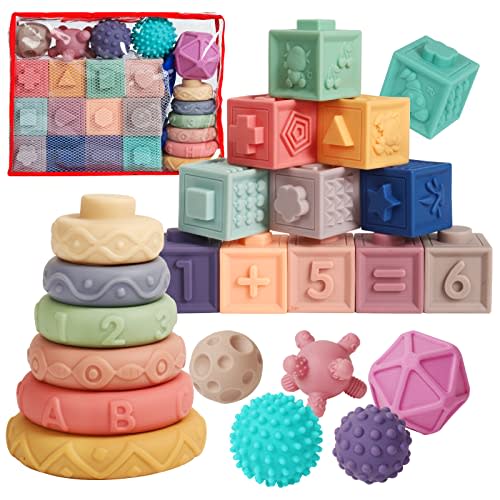 Baby Blocks Soft Stacking Toys for Infant 6-12 Months, Montessori Building Blocks for Babies 1-3 Years Old, Educational Learning Toys, 23 PCS