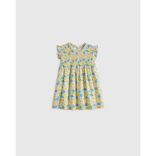 100% Organic Cotton Poplin Smocked Flutter Sleeve Dress - Baby Girl in Blue Ditsy Floral
