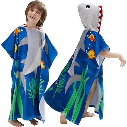23.6"x27.5" White Shark Cotton Hooded Towel Baby Toddler Poncho Robe(White Shark,5-9Years/Height:43"-51")