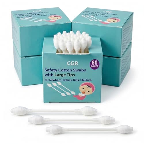 CGR 300pcs Portable Baby Safety Cotton Swabs, Paper Sticks, 5-Pack | Safety Large Tips, 100% Pure Cotton, Eco-Friendly Paper Sticks, for Infant Ears, Nose&Navel, Perfect for portable travel care