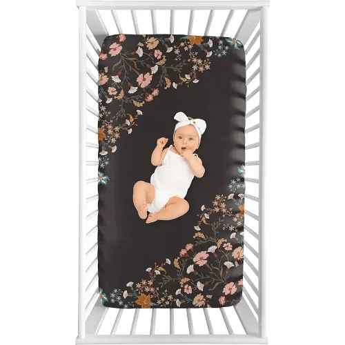 Sweet Jojo Designs Boho Wildflower Vintage Floral Girl Baby Fitted Crib Sheet Photo Op Infant Newborn Nursery Toddler Bed Room Standard Mattress Black Orange Bohemian Farmhouse Botanical Cottagecore