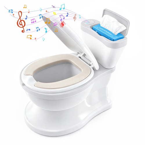 FVLOENG Toddler Potty Training Seat Toilet Flushing and Cheering Sound , Wipes Storage, with Soft Cushion Removable Bowl Easy to Clean for Boys & Girls Ages 18 Months White