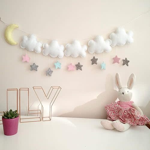 5ft Felt Cloud Star Wall Hanging Decoration (Set of 1) Clouds Stars Moon Wall Hanging Garland for Kids Bedroom Living Room, Baby Shower Party Supplies, Sky Theme String Garlands for Nursery Decor