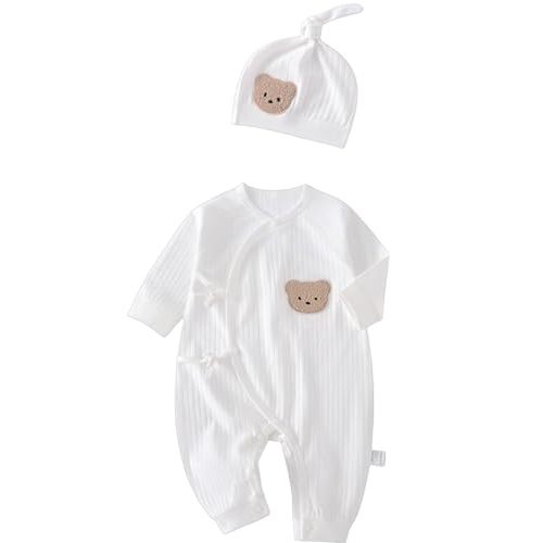 Baby Ribbed Romper and Hat Set with Bear Applique, 100% Cotton Infant Bodysuit, White, Long Sleeve