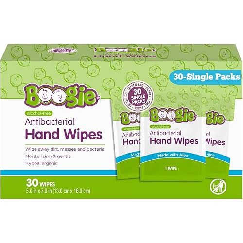 Boogie Antibacterial Hand Wipes, Alcohol Free, Hypoallergenic and Moisturizing Aloe, For Kids and Adults - 30 Wipes (Pack of 1)
