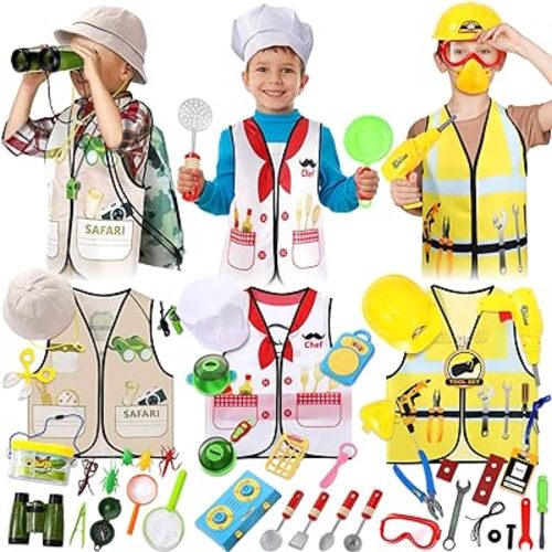 3 Sets Kids Dress Up Clothes for Play Age 3-7 Ages, Toddler Dress Up Costumes Vest Role Play Community Helpers Construction Worker, Chef, Explorer for Boys Girls Costumes Accessories