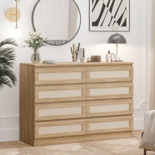 8 Drawer Dresser for Bedroom, Rattan Chest of Dressers, Modern Wooden Beside Table for Closet, Nursery, Living Room and Entryway,Wood color
